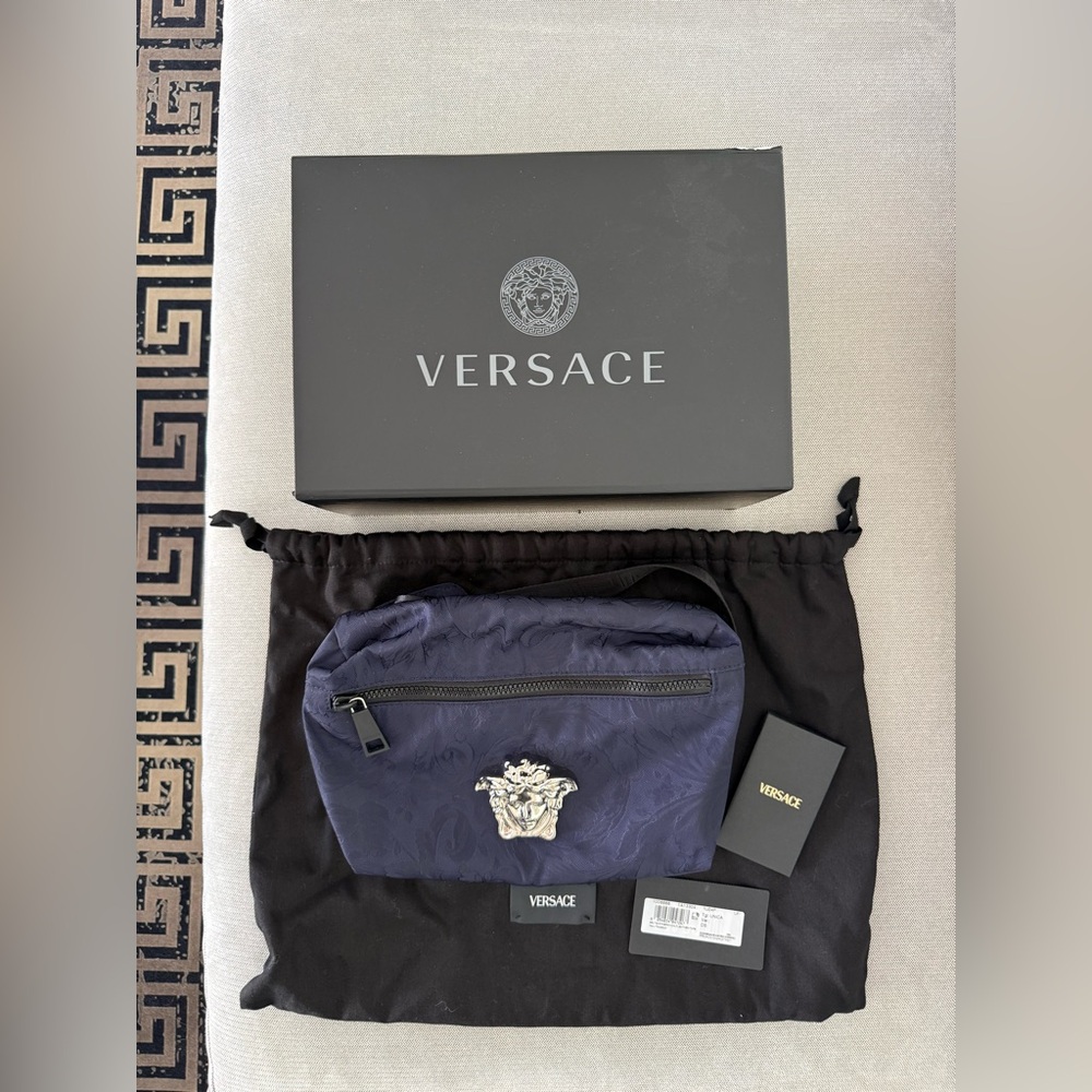 Versace Barocco Blue Belt Bag with Silver Medusa Buckle. Brand New